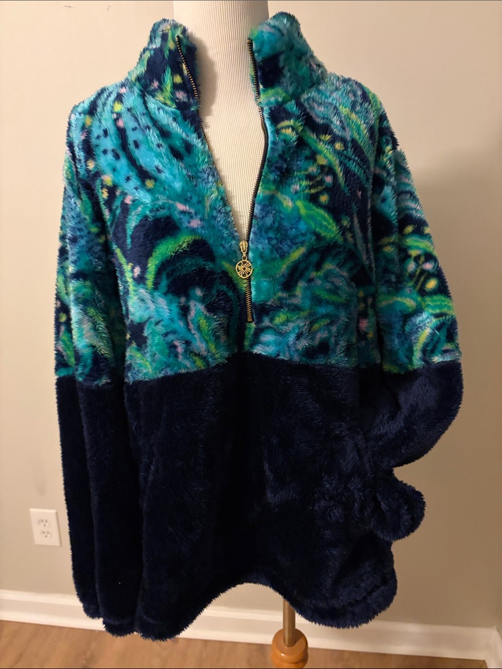 Lilly Pulitzer Teal, Navy & Green Plush Half-Zip Teddy Jacket